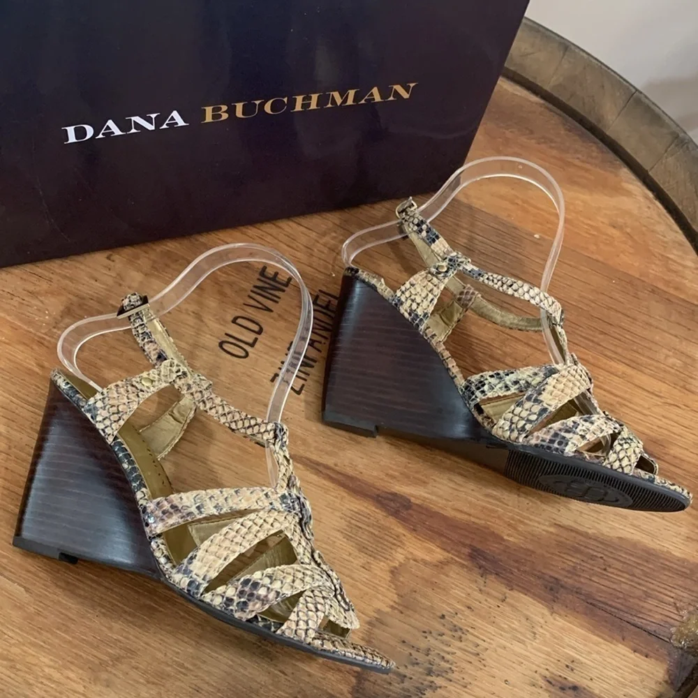 Dana Buchman | NIB Vala Snake Embossed Leather Strappy Stacked Wedge Heels 6.5 M